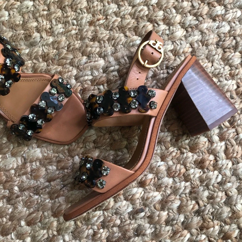 Tory Burch Delaney Embellished Heeled Sandal. Calf Leather. Size 6.5